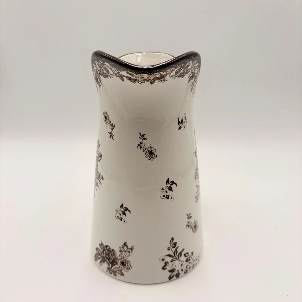Robert Stanley Fall Classics Brown White Floral Toile Ceramic Pitcher Scalloped